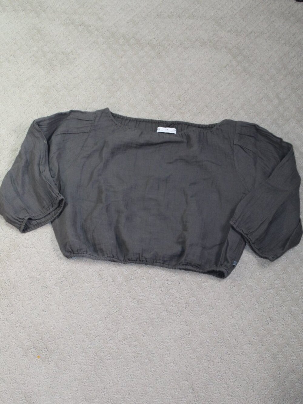 Zara Size 8 Grey Cotton Bumpy Fabric Cropped 3/4 Sleeve Top